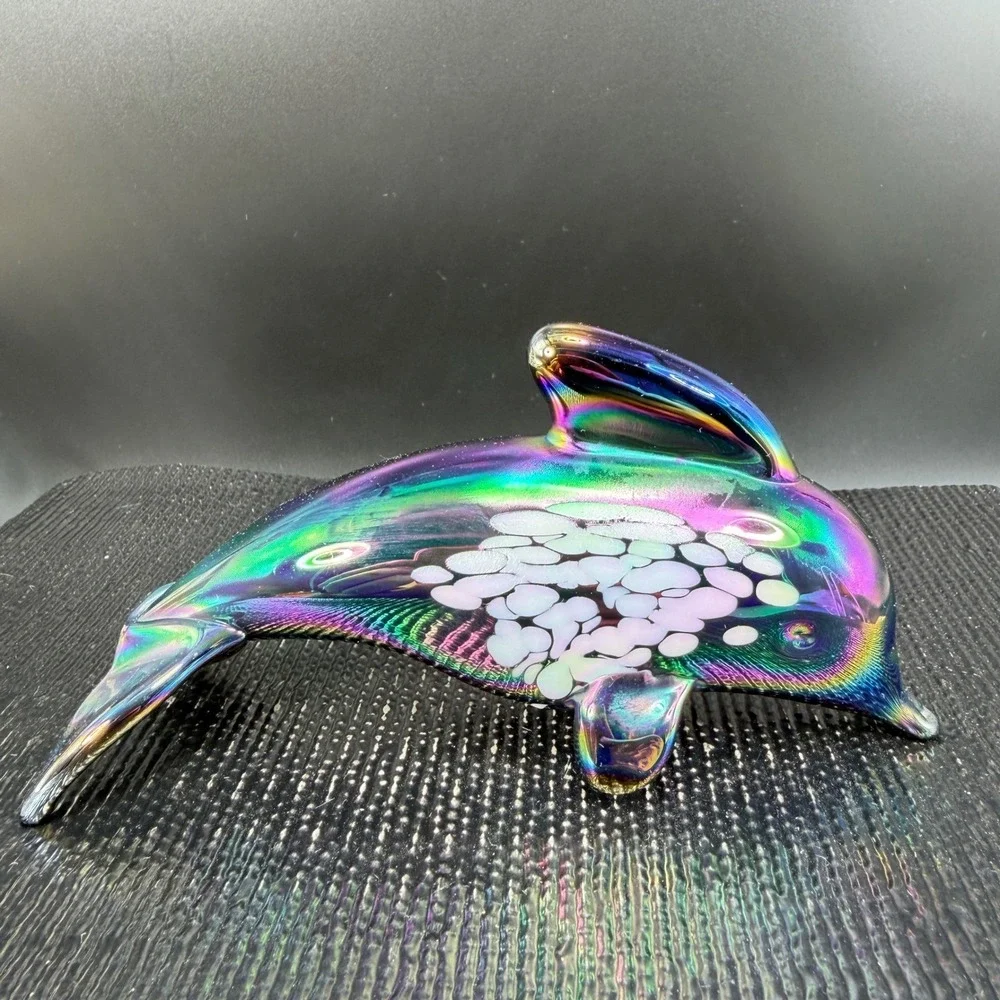 Pele of Hawaii Glass‎ Iridescent Dolphin Figurine Carnival Glass White Spotted